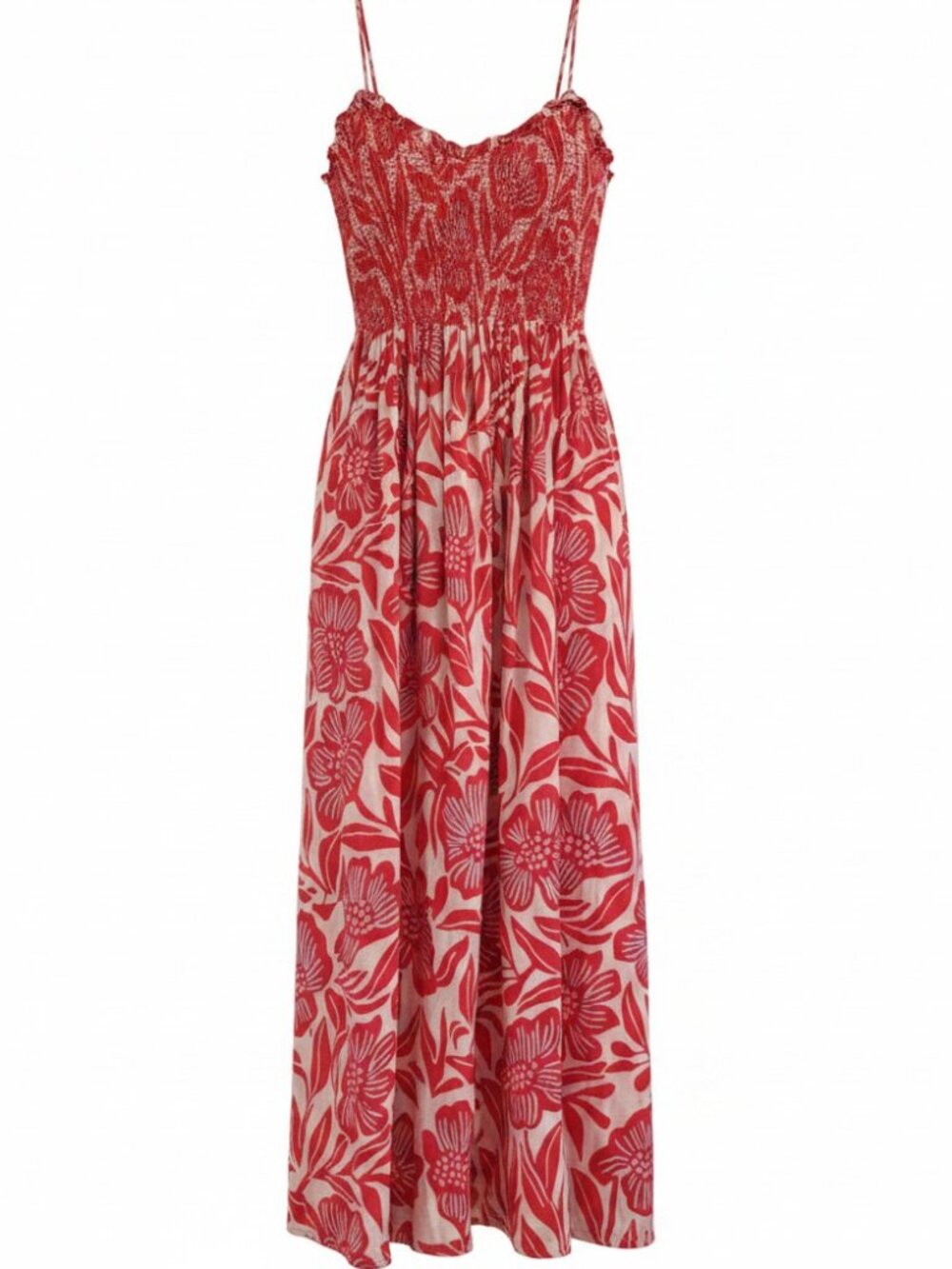 NWT Free People Boho Floral Smocked Midi Dress Red White Cotton Beachy Versatile